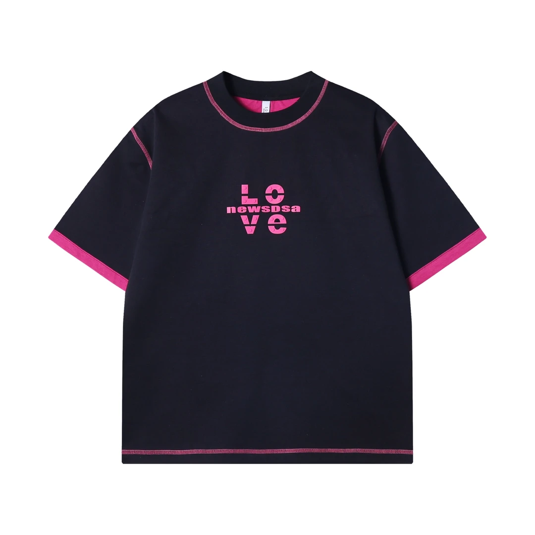 夏季高级感新款潮牌明线LOVE字母压胶圆领短袖T恤撞色百搭上衣