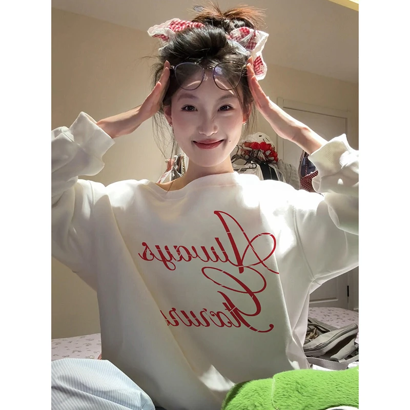 美式复古秋季印花斜肩卫衣女秋冬甜酷街头设计感宽松百搭长袖上衣