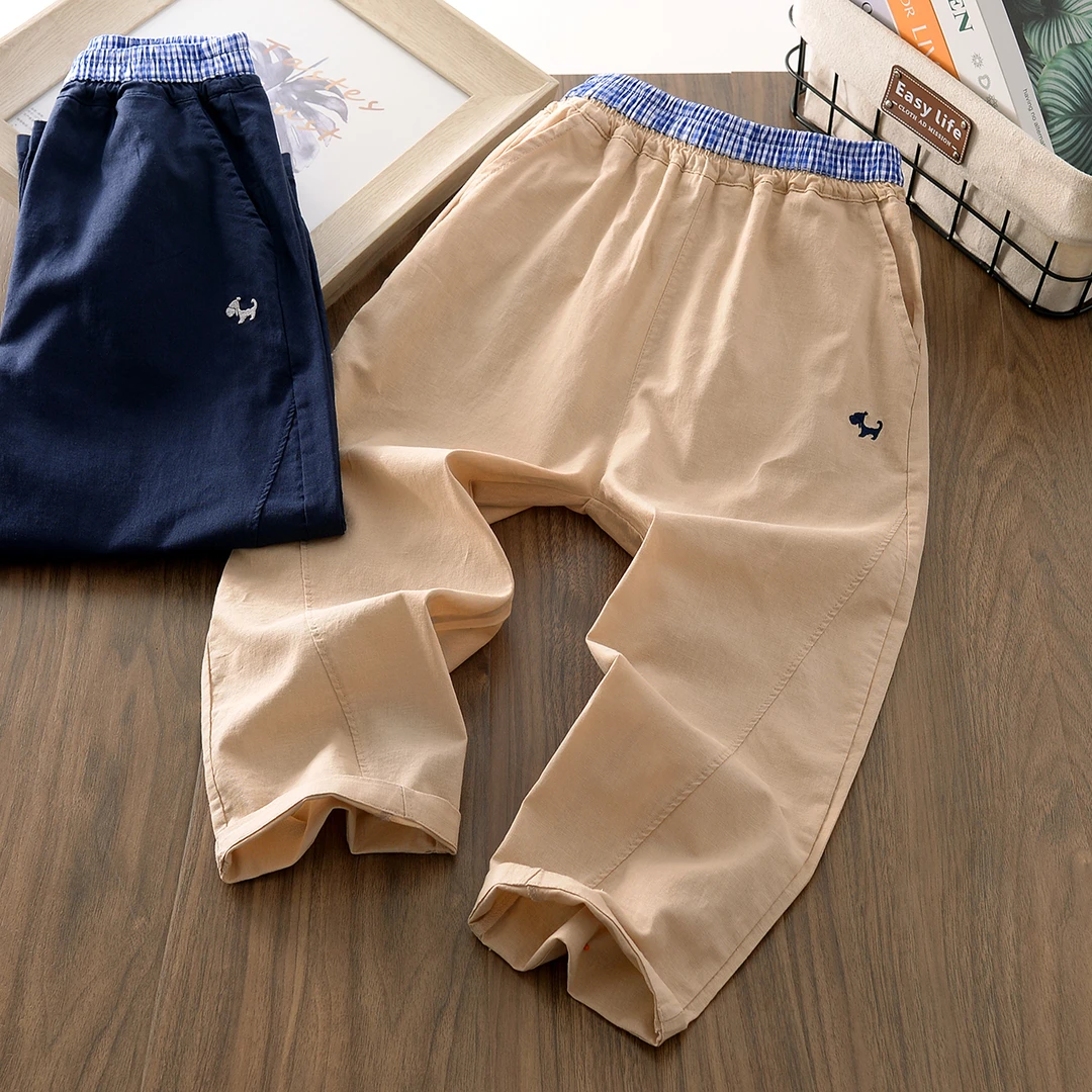 【舒适棉麻】儿童天然麻棉格子腰裤子中大男女童透气防蚊裤JXK5297