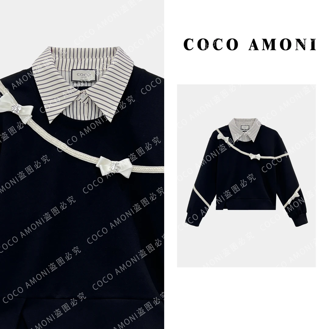 【曼姐专属】设计小众立体蝴蝶结POLO领假两件拼接新款卫衣AB828