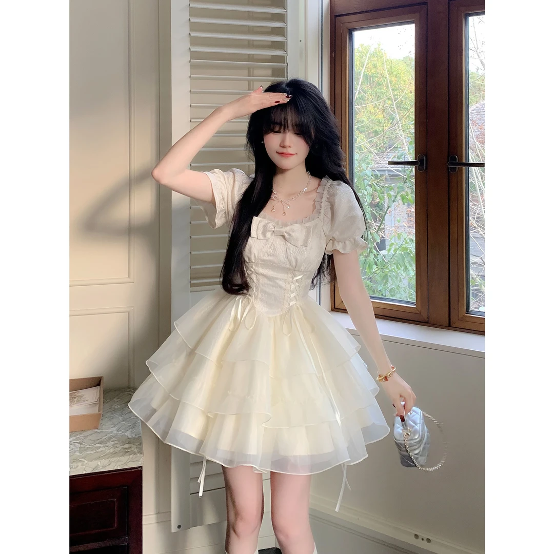 Blovelan清风铃兰甜美公主风蝴蝶结欧根纱短款连衣裙蓬蓬裙女春夏