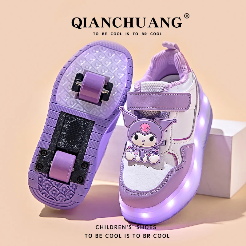 库洛米女童发光彩灯暴走鞋儿童双轮两穿轮滑鞋皮面运动鞋带灯溜冰