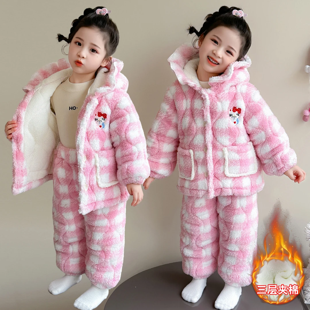 女童三层夹棉睡衣儿童珊瑚绒加绒加厚套装女宝宝冬季法兰绒家居服