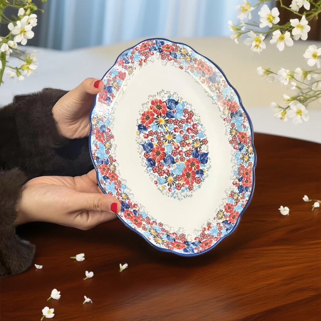 1高温瓷釉下彩蔷薇小镇11英寸大鱼盘家用手绘蒸鱼盘