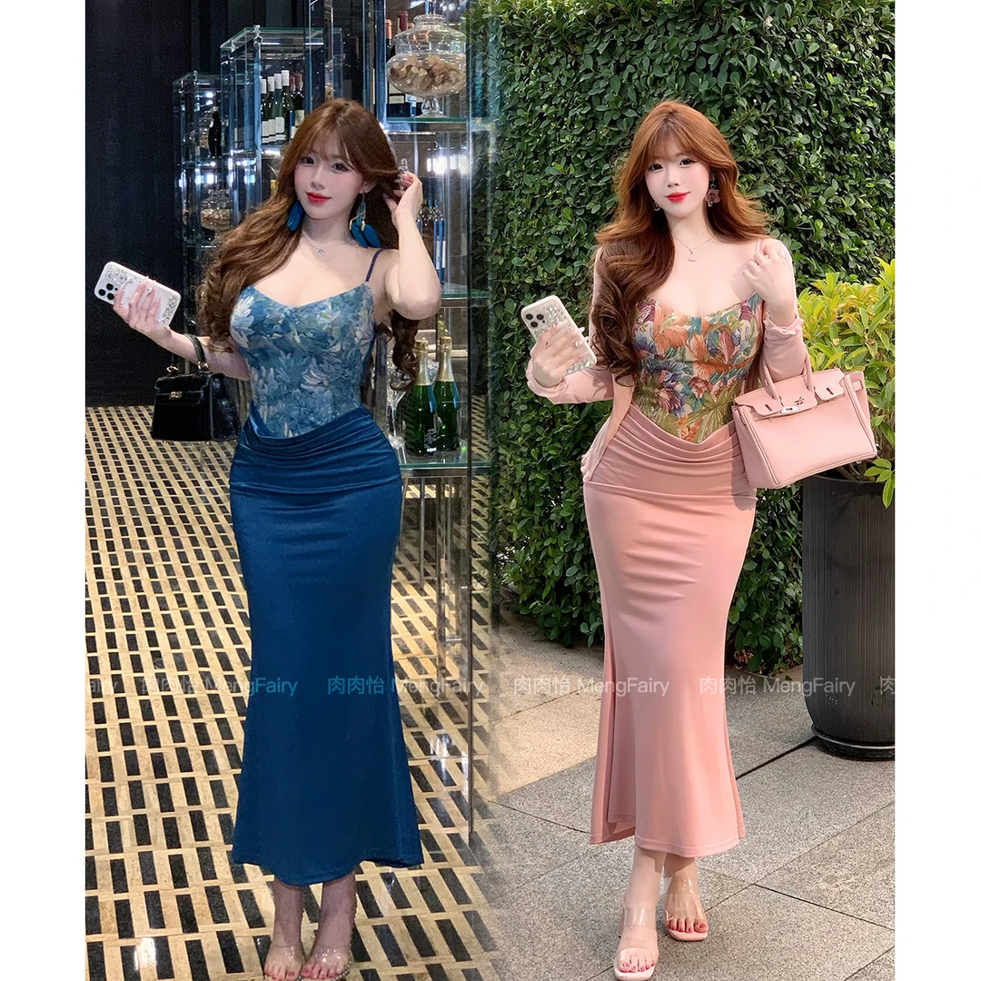 MengFairy现现【油画蔷薇】复古油画花卉拼接收腰包臀吊带裙4694M