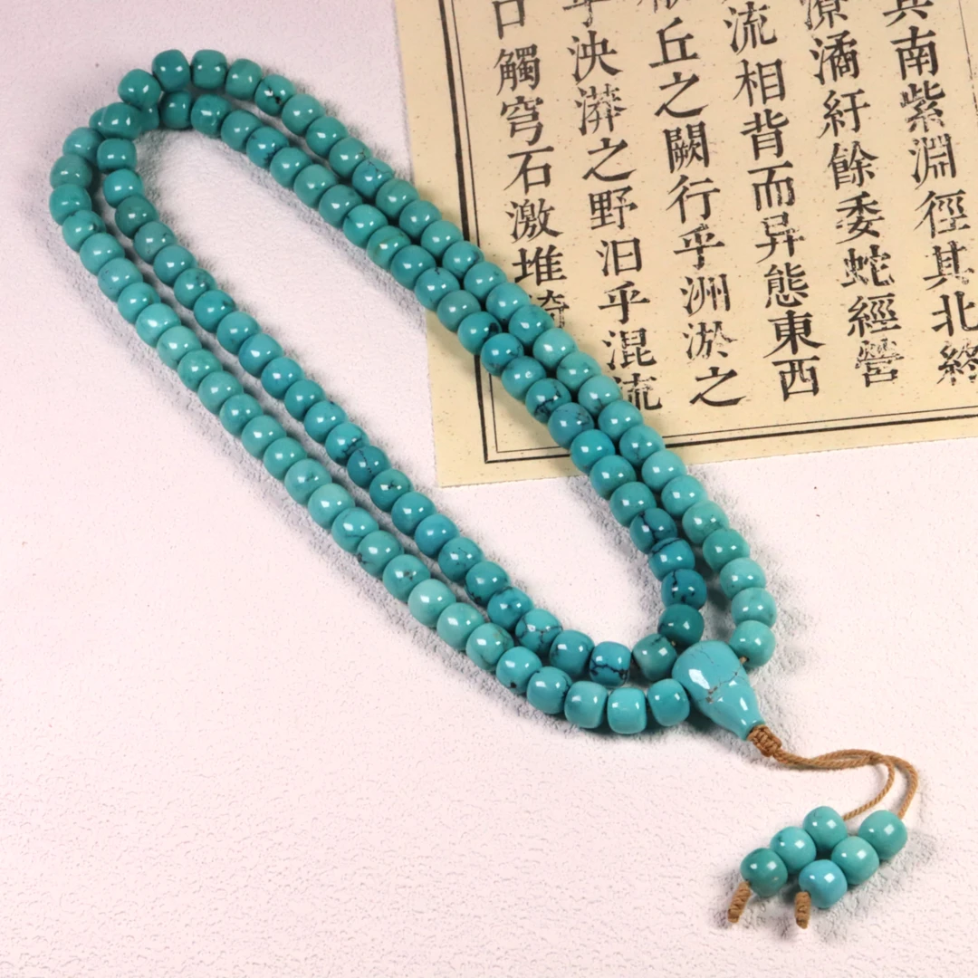 天然原矿绿松石高瓷精品水草纹老型108项链