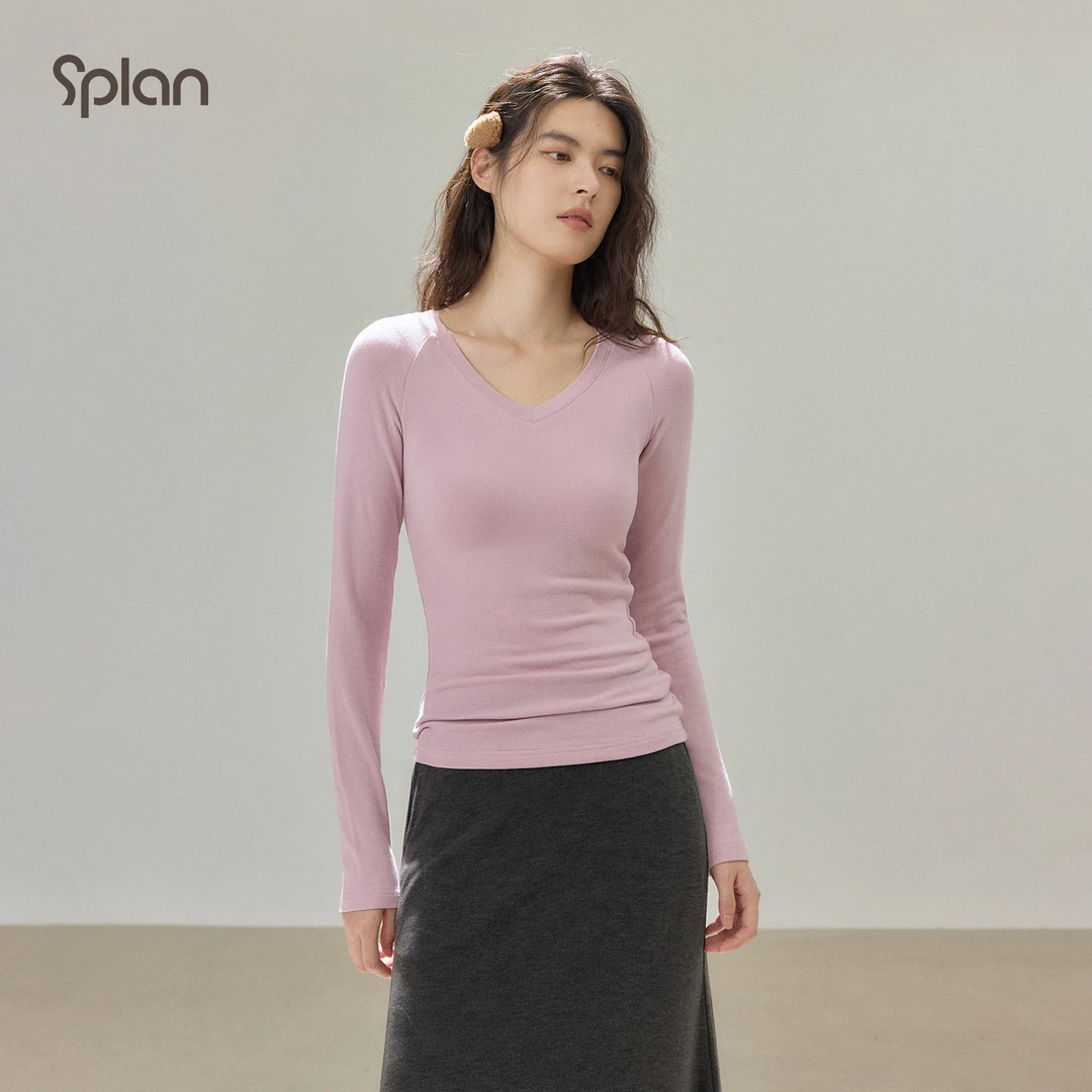 SPLAN 修身显瘦简约V领通勤打底长袖运动T恤25279