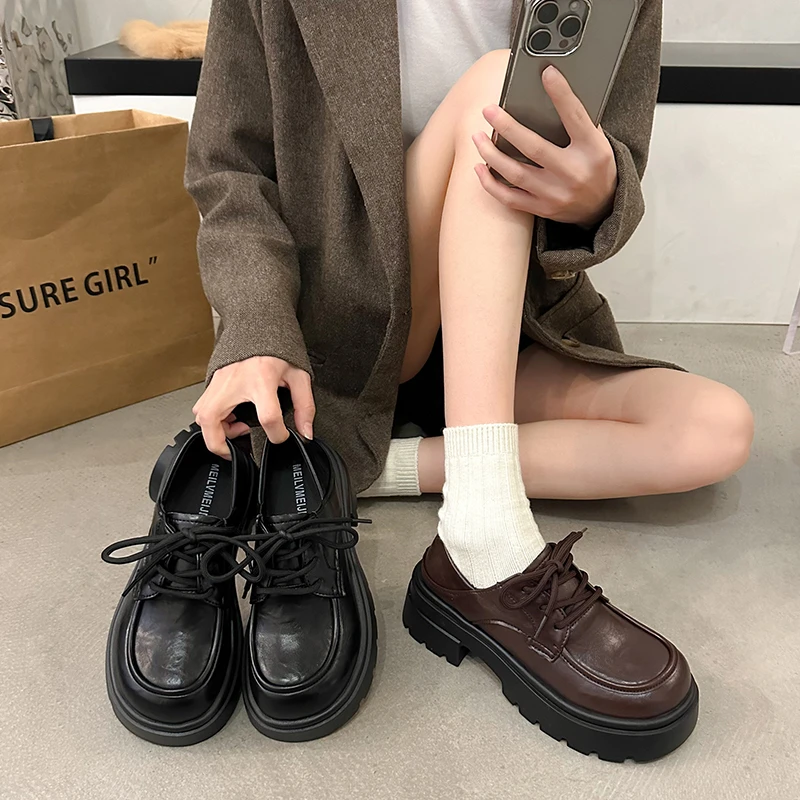 厚底增高乐福鞋女2025新款春秋女鞋子系带圆头单鞋爆款英伦小皮鞋