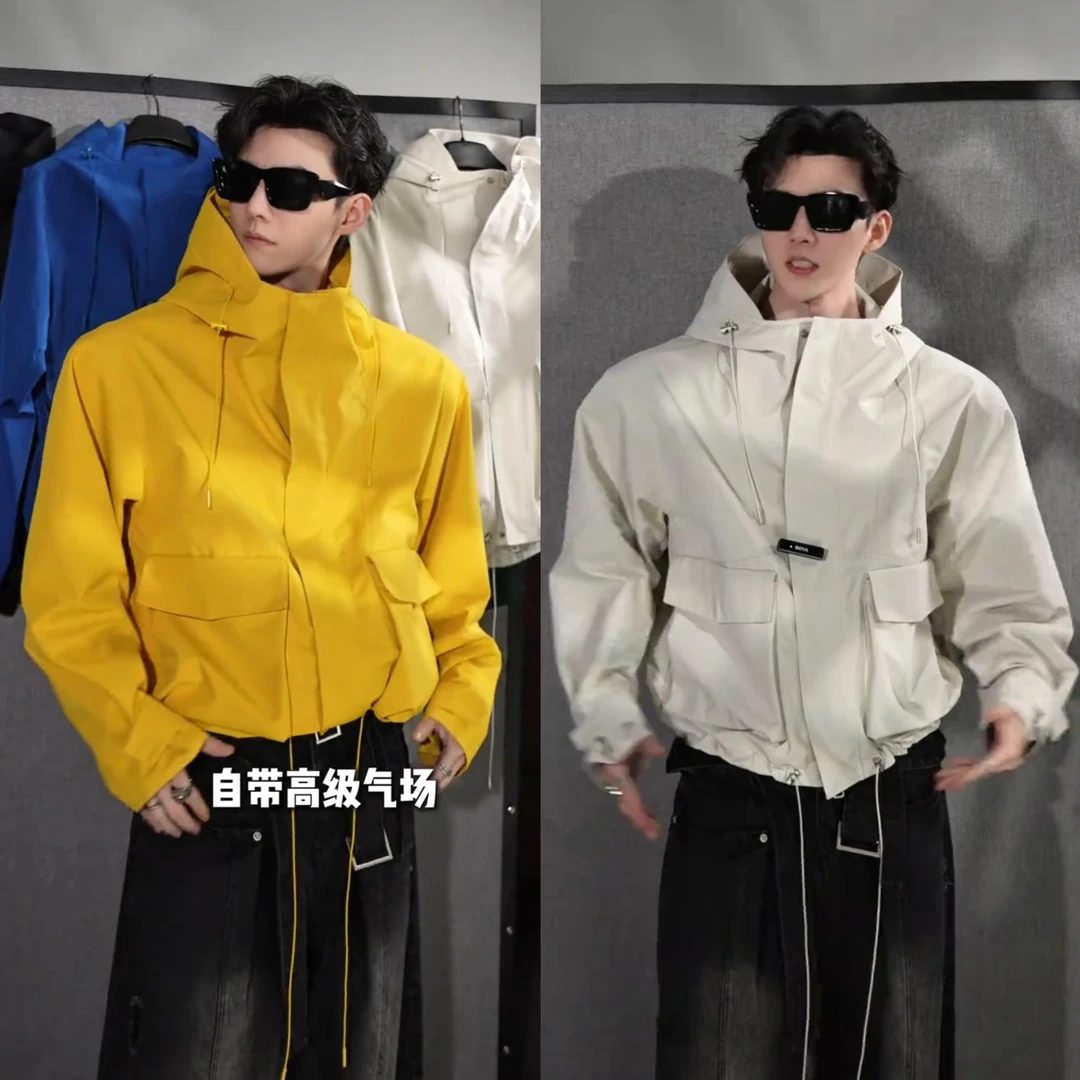 秋季新品纯色户外工装冲锋衣外套男潮牌美式百搭宽松连帽夹克上衣