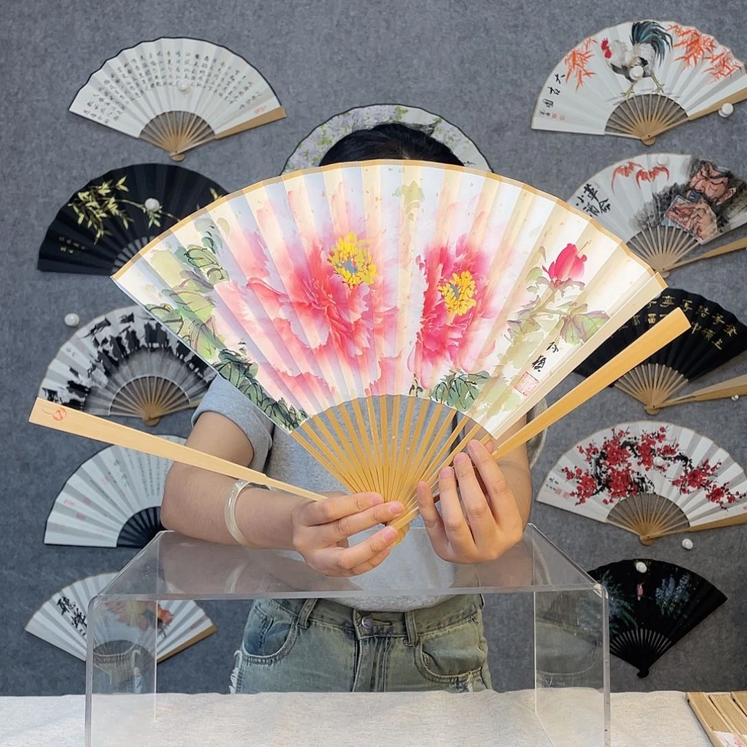 国画95寸水磨玉竹纯手绘-文玩扇骨（默认粘好）