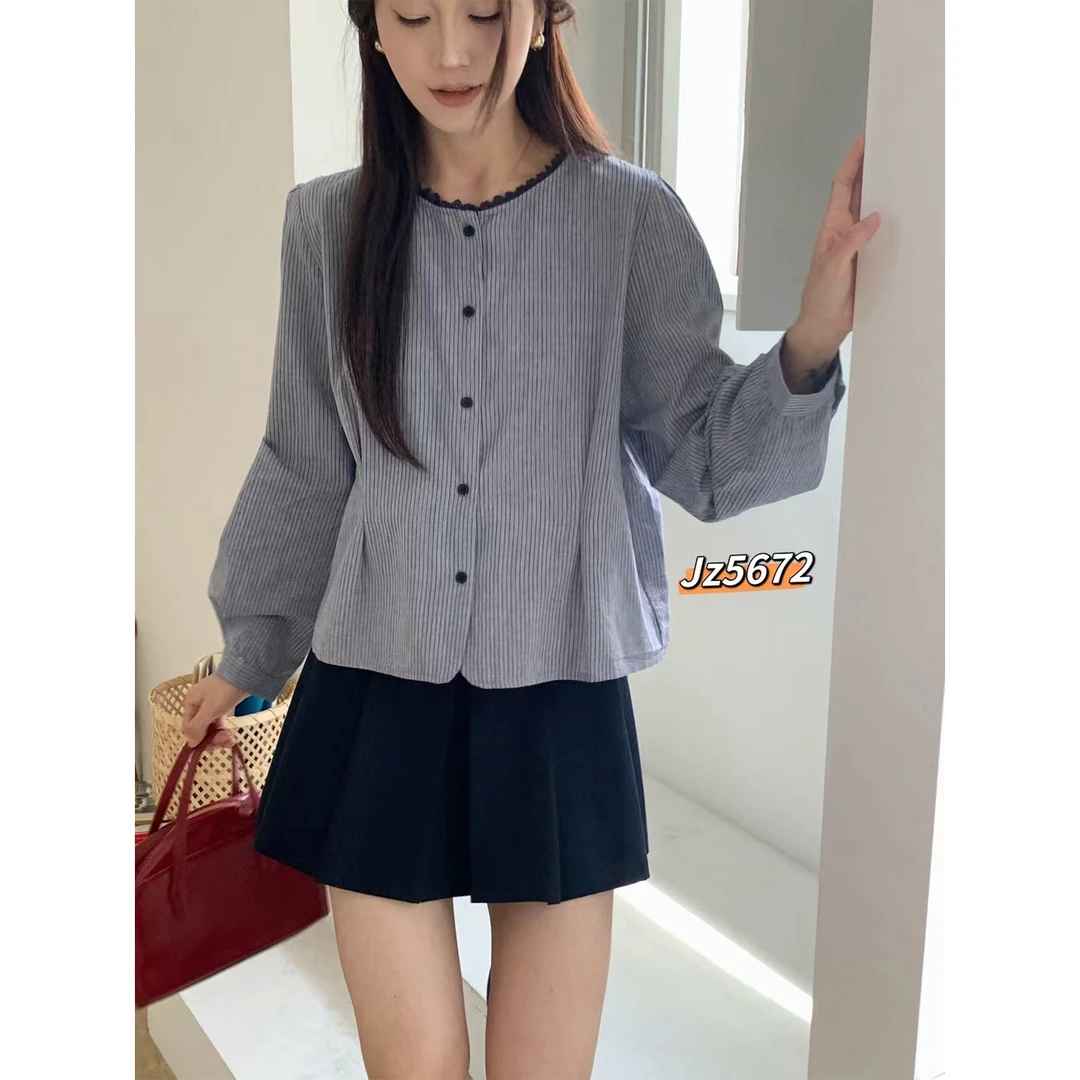 韩系新款甜美时尚条纹衬衫女拼接圆领宽松显瘦长袖上衣秋装ZR