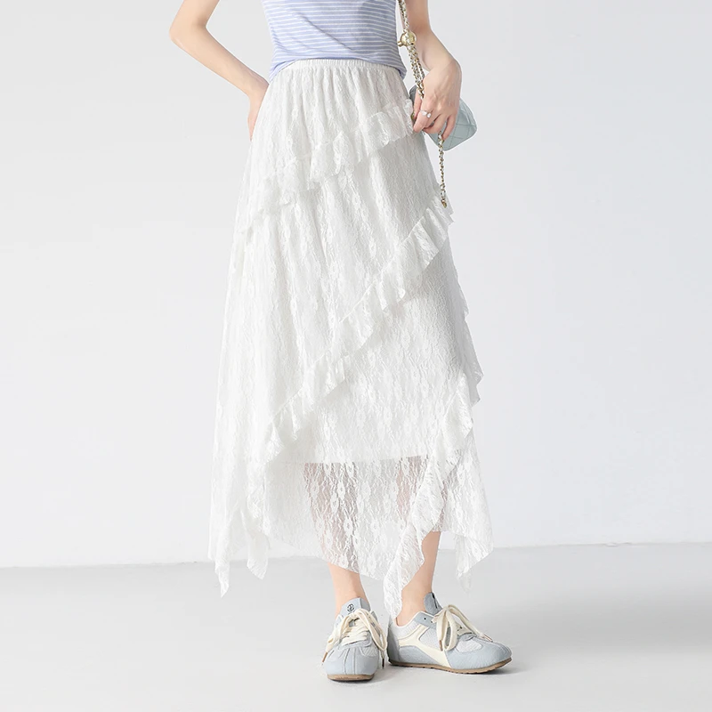 unifree白色蕾丝半身裙女花边拼接海边纯欲百搭垂感中长款蛋糕裙