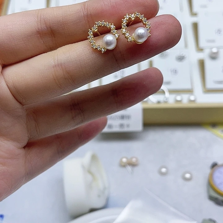 淡水珍珠耳饰银S925镶嵌叶**痕