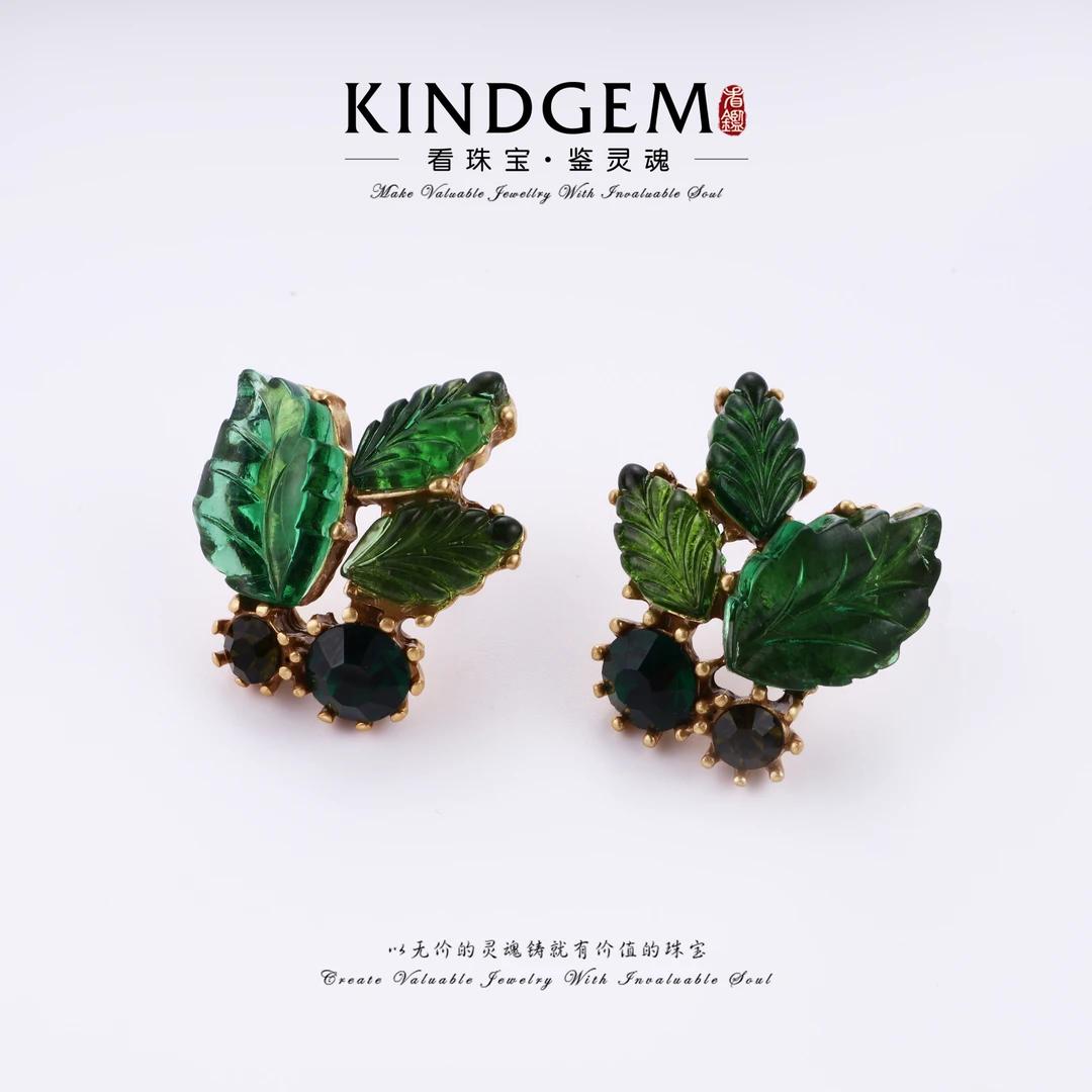 铜合金锆石耳饰 轻奢个性枝叶绿色清新设计款小众耳环 C-33607