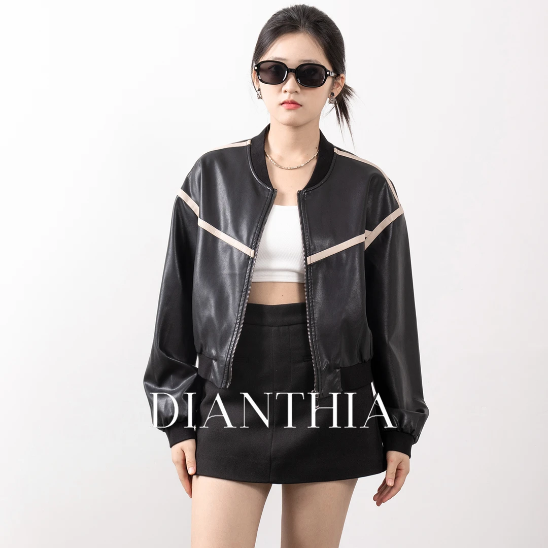 DianThia短款皮衣外套女高级感拼色pu皮棒球服外套女2025夹克上衣