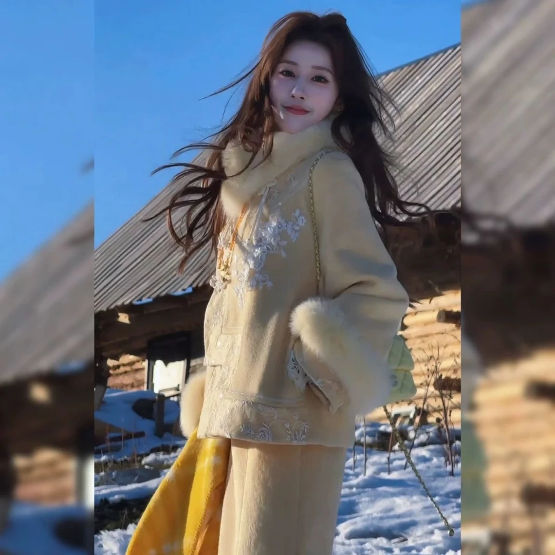 新中式国风女装高端套装女2025冬季新款气质盘扣外套半身裙两件套