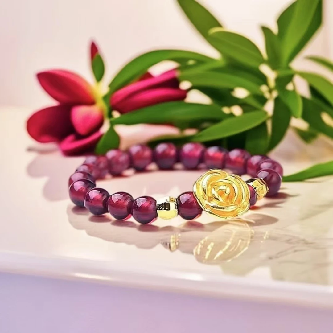 【黄金补贴】足金玫瑰花搭配天然石榴石女士戒指（证书、礼盒）