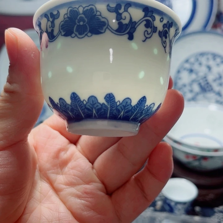 青花玲珑牡丹花小杯