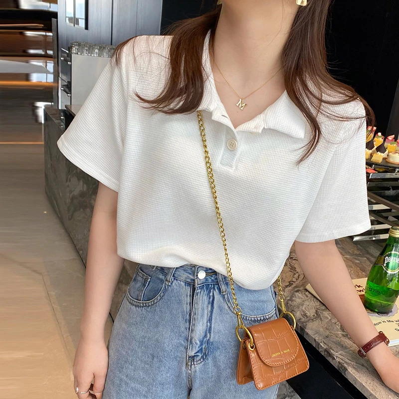 实拍华夫格短袖T恤女夏装新款宽松显瘦小众别致chic上衣潮