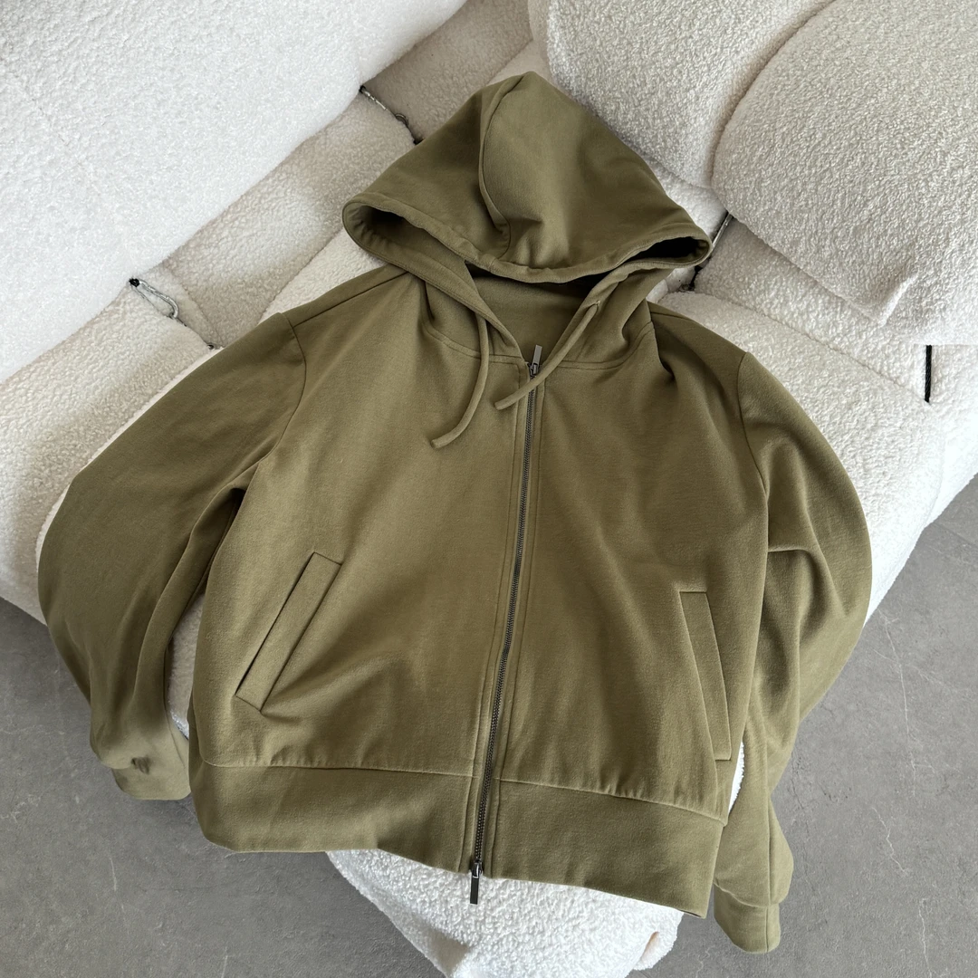 【日常轨迹】莱赛尔绒感卫衣休闲百搭纯色连帽双拉链短款外套女