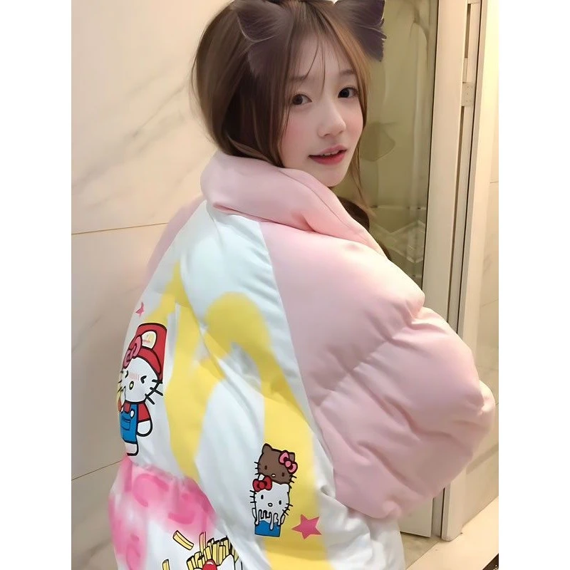 大码胖MM冬季款粉色可爱棉服女宽松立领加厚保暖学生拼接棉衣外套