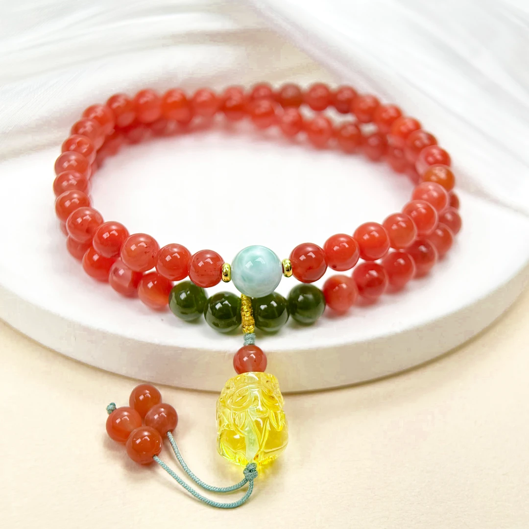 0315  冰飘南红/碧玉/蜜蜡/海纹石/双圈手串