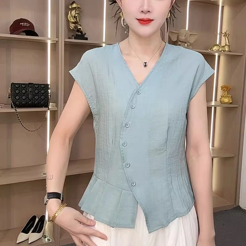 拼接褶皱V领无袖衬衫女2025夏季新款韩版时尚气质百搭女装上衣潮