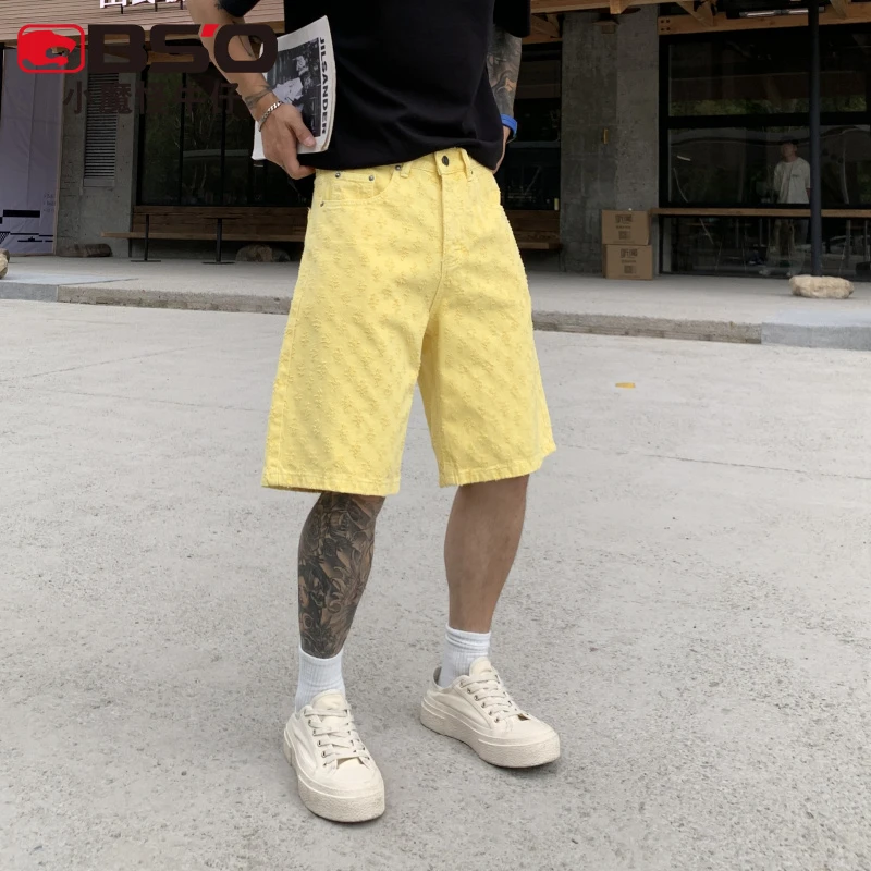 小魔怪夏季薄款美式高街钩花牛仔短裤男士蛋黄色五分裤潮牌中裤子