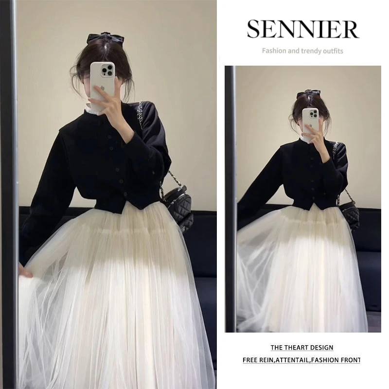 今年流行穿搭2025新款百搭短款长袖针织衫显瘦蓬蓬半身裙两件套女