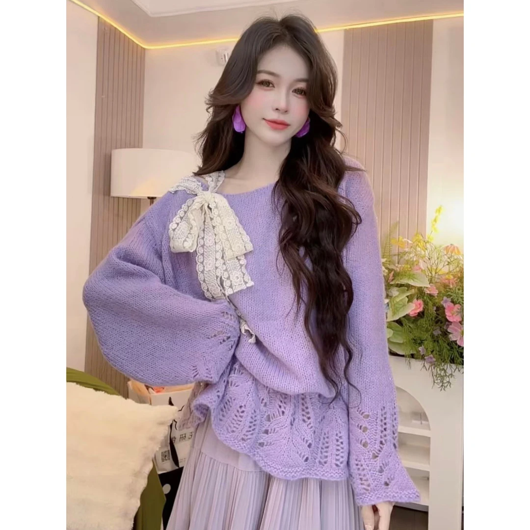 MO88ZSPF大码慵懒风镂空长袖针织衫女2025秋季宽松百搭设计感上衣