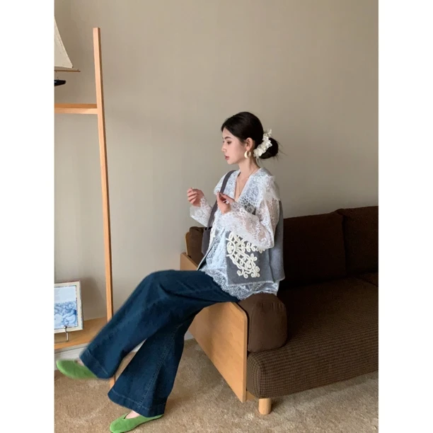 【赵小小yimao】82089 针织叠穿开衫马甲钩花刺绣V领无袖背心上衣女