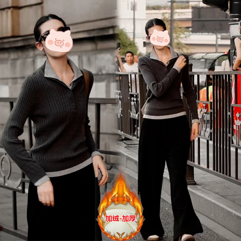 秋季新款穿搭一整套时尚百搭设计假两件上衣长袖+显瘦休闲裤套装