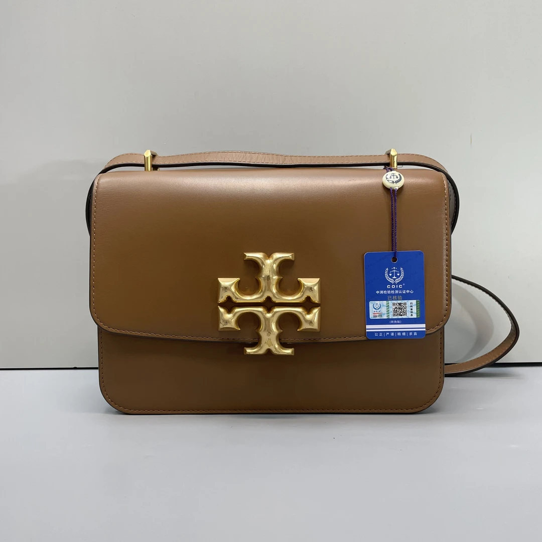 90新 TORY BURCH/汤丽柏琦 小林/棕色金砖斜挎包25*18*7cmB010402