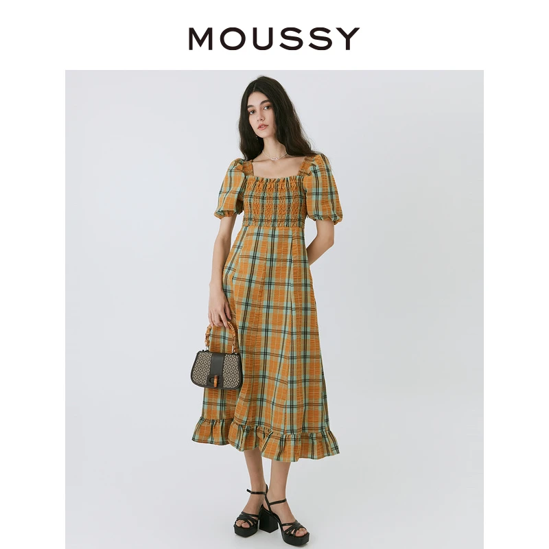 MOUSSY 早春新款通勤方领泡泡袖格纹收腰连衣裙010HSK30-2731