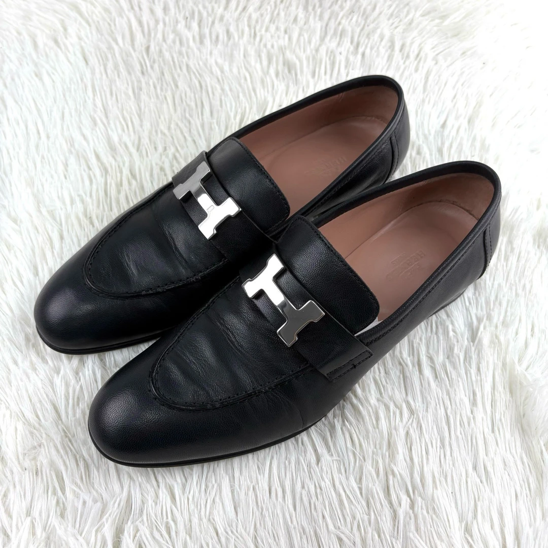 95新 Hermes/爱马仕 经典银扣黑色乐福鞋36.5码