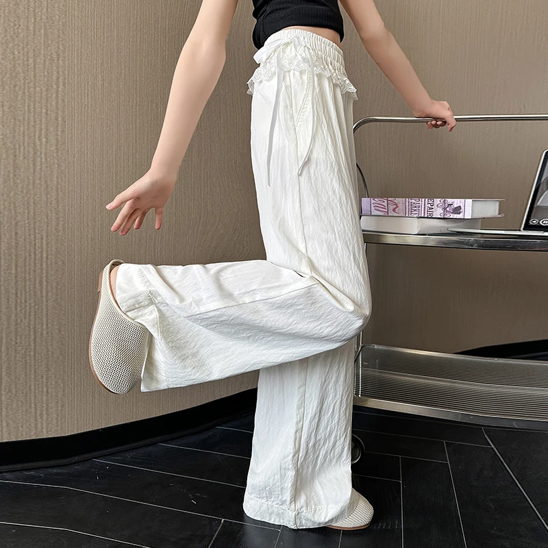 白色垂感阔腿裤女童高腰显瘦花边腰直筒休闲裤儿童拖地裤夏季薄款