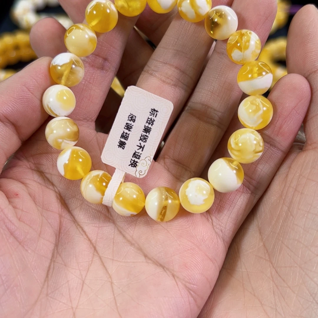 琥珀未镶嵌裸石金漆白圆珠手串