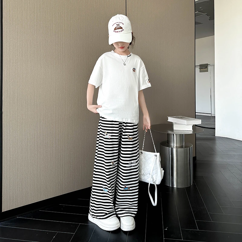 女童夏装条纹直筒裤套装韩范洋气2025新款中大童宽松休闲两件套潮