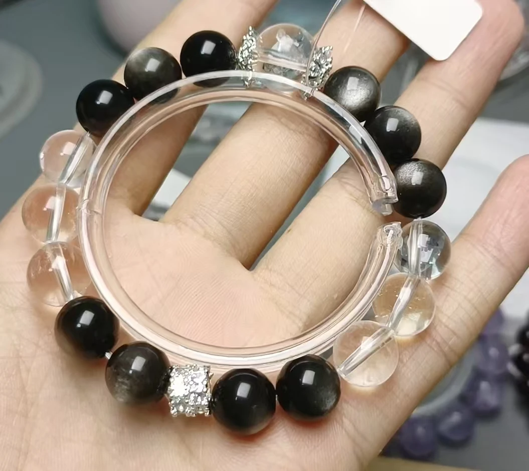 铜合金石英石手链 新中式情侣手饰礼物串珠黑色轻奢女款单圈女士