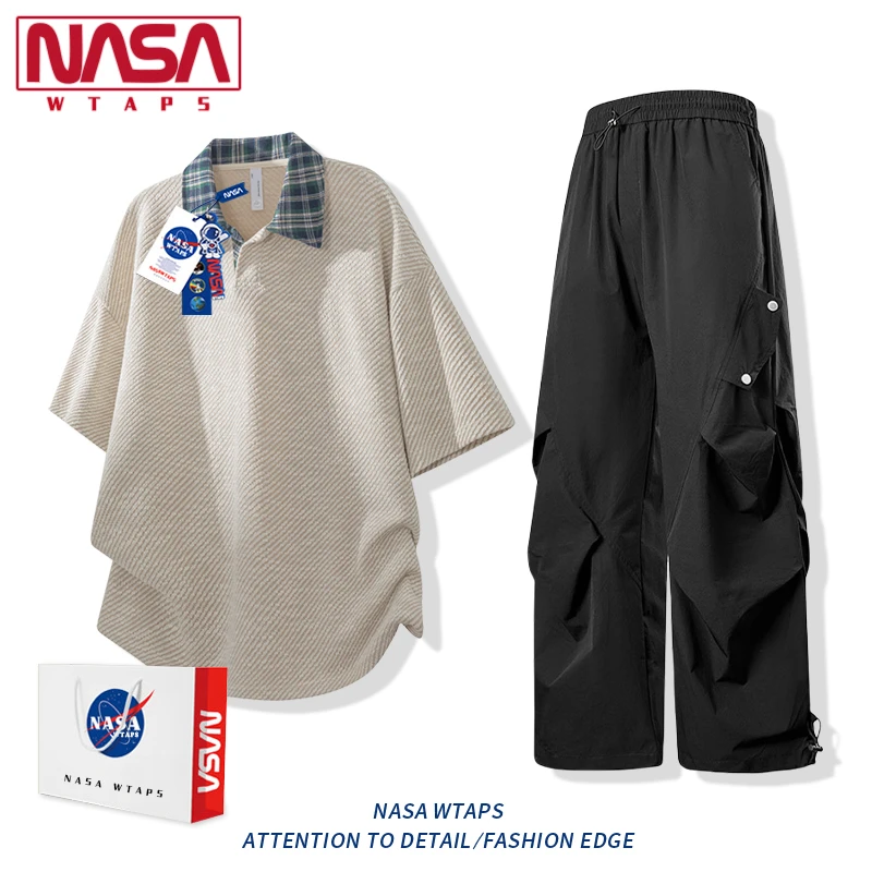 NASA WTAPS潮牌假两件短袖T恤套装男夏季冰丝薄款上衣长裤两件装