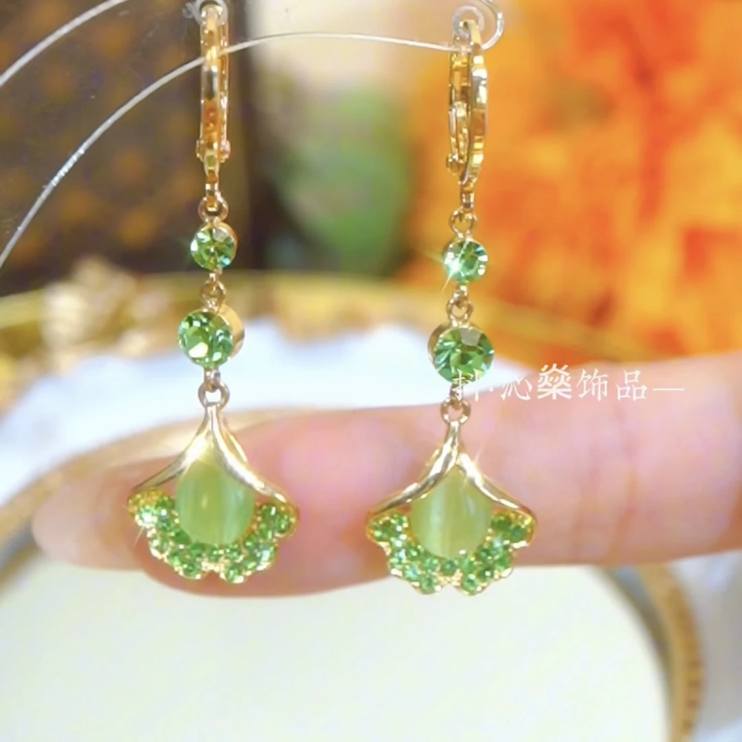 铜合金合成锆石耳饰 【三生有幸】显白清新绿耳扣银杏叶流苏耳环
