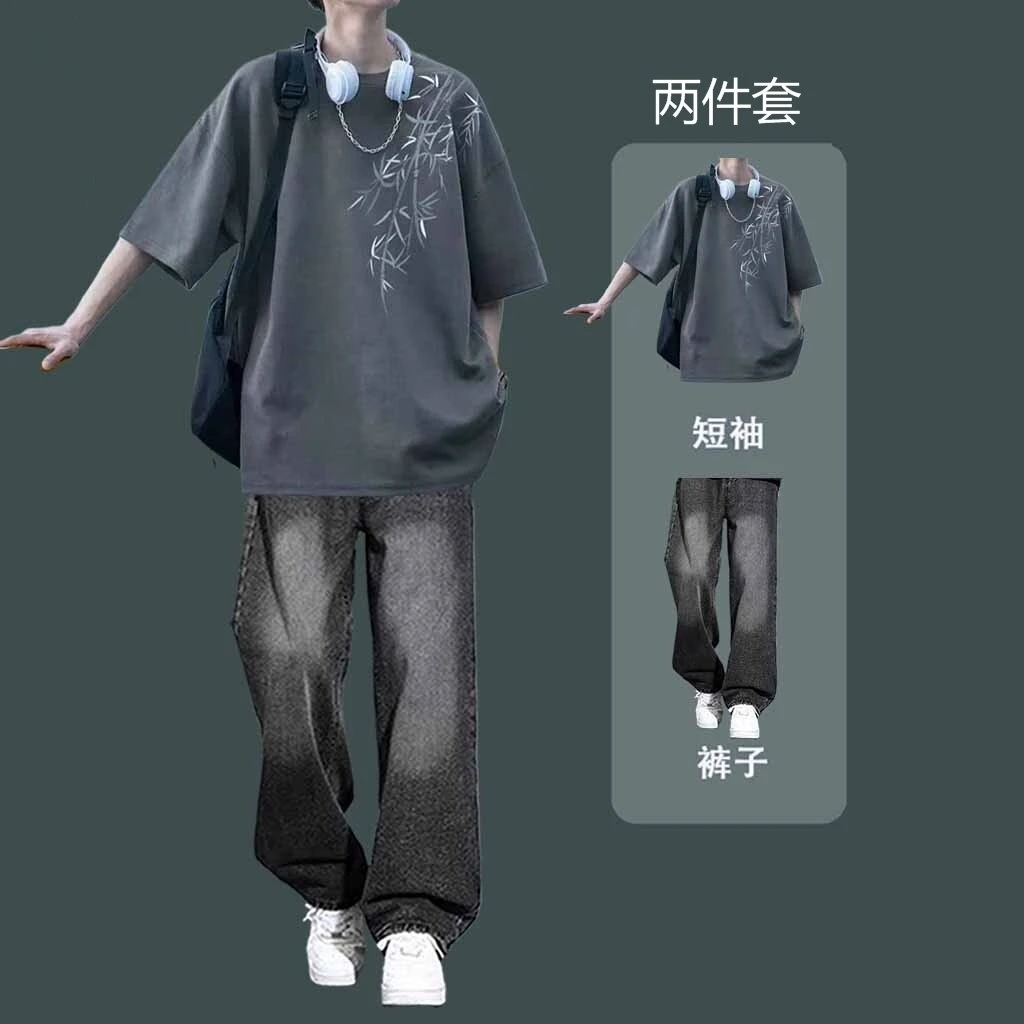 新中式男生夏季短袖T恤套装搭配牛仔裤潮流宽松青少年时尚两件套