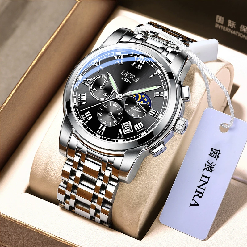 【云仓直发】怀旧款日月星辰男士日历钢带腕表黑面5911 H