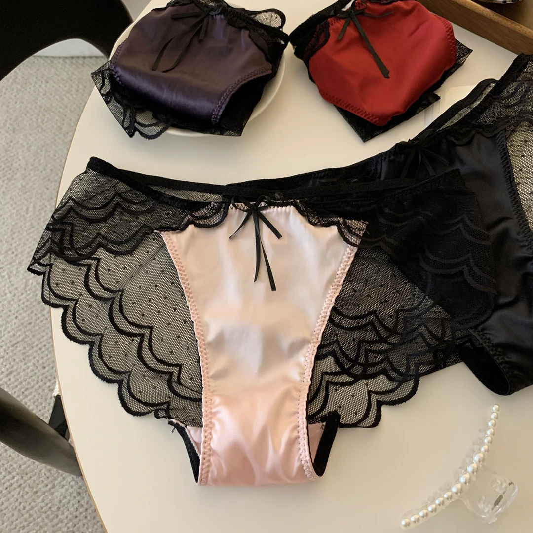 紫色韵味轻奢缎面波浪网纱无痕诱惑三角裤低腰结性感纯欲透气蕾丝