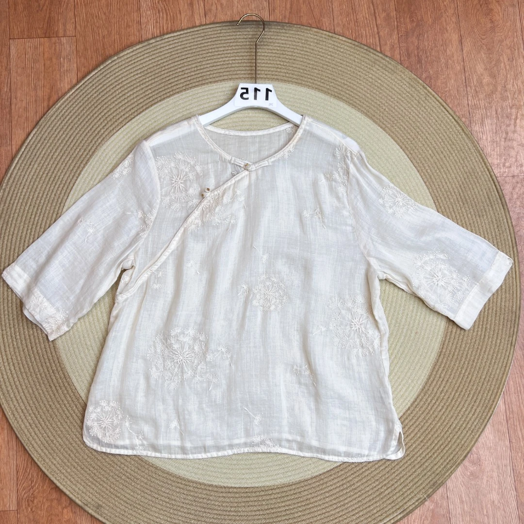 [115拍这里]复古国风刺绣印花苎麻小衫女2025夏新款上衣女休闲风