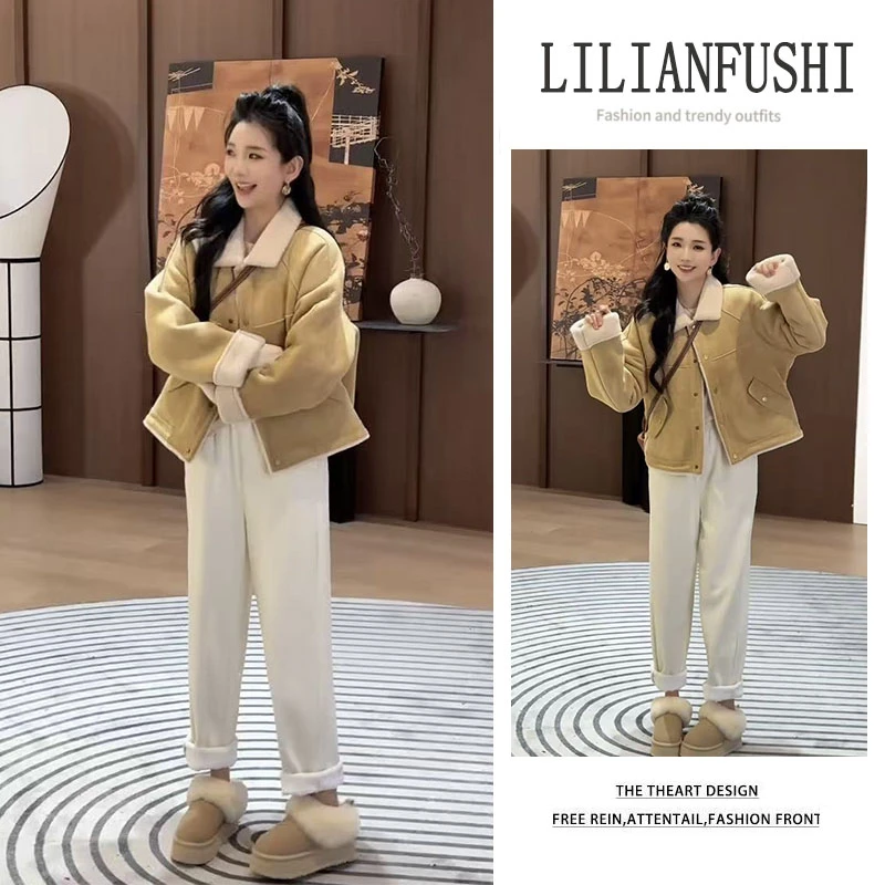 韩系穿搭2025秋冬新款洋气百搭宽松翻领长袖外套显瘦阔腿裤两件套