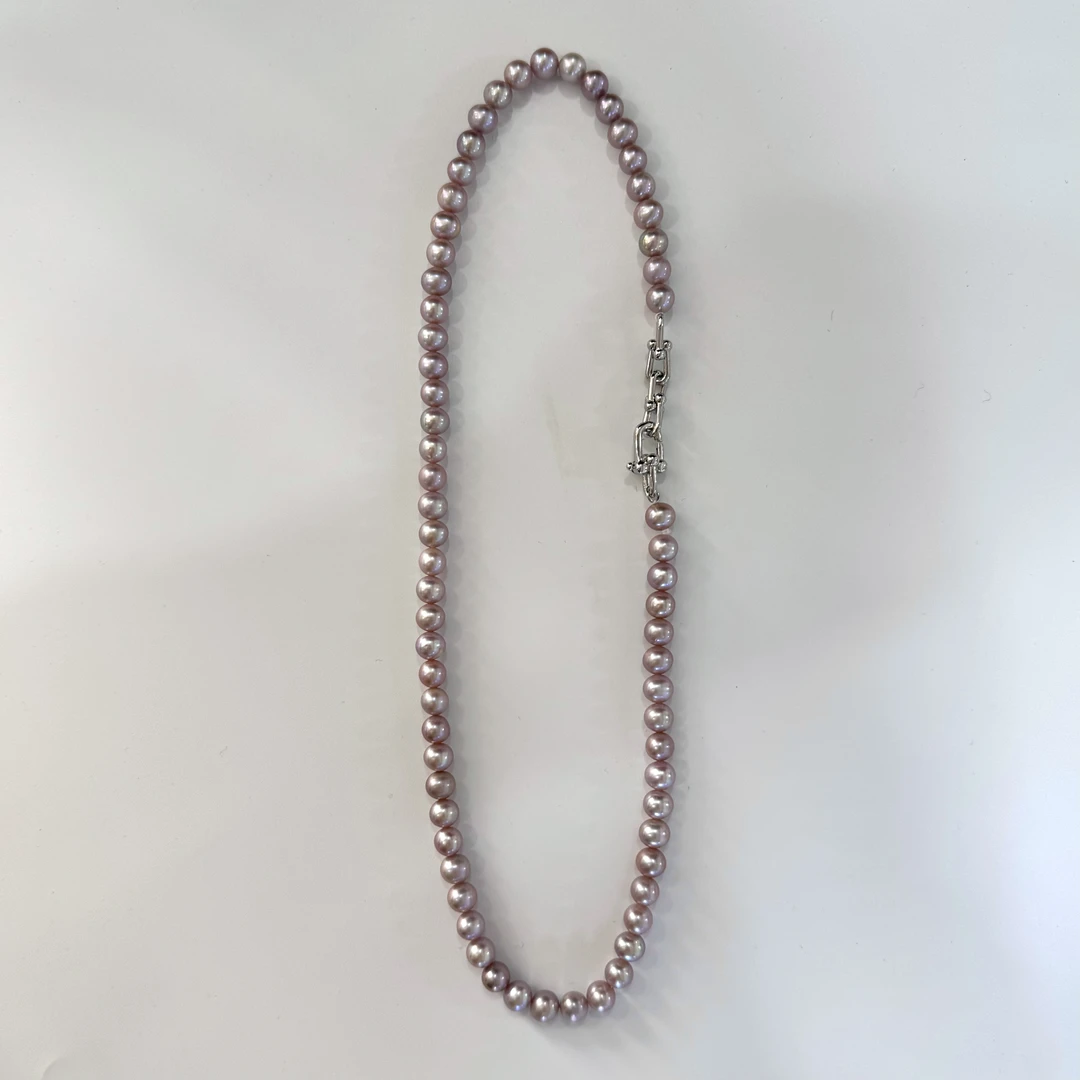 天然 淡水 无核 紫色珍珠 马蹄扣 珍珠项链