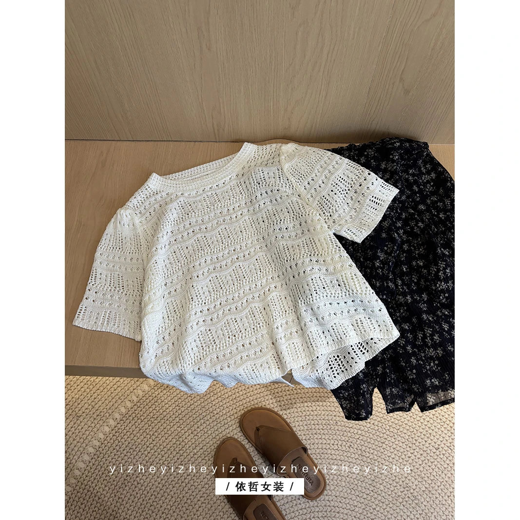 "后开叉镂空T恤"女短袖气质夏季小众设计感