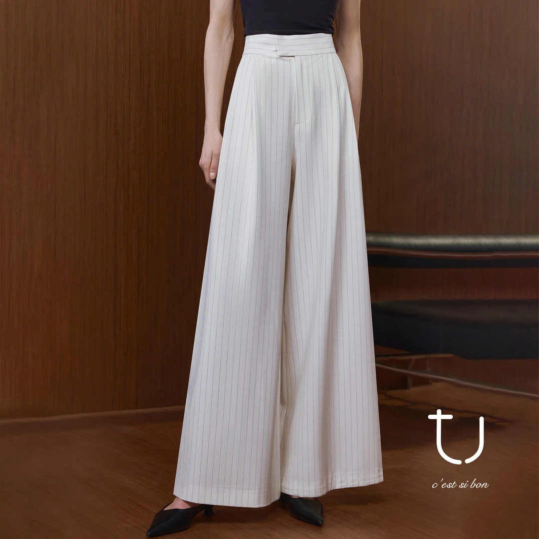 TU女装 春日交响曲 高腰条纹阔腿裤2025秋季新款百搭西装裤长裤子