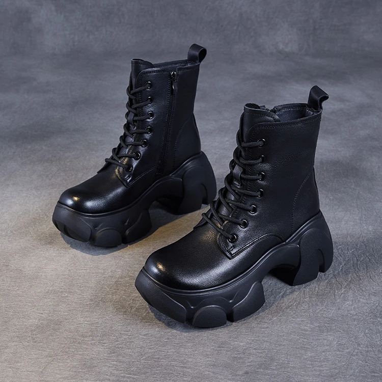 头层牛皮厚底马丁靴女2025年新款秋冬季小个子增高英伦风加绒短靴